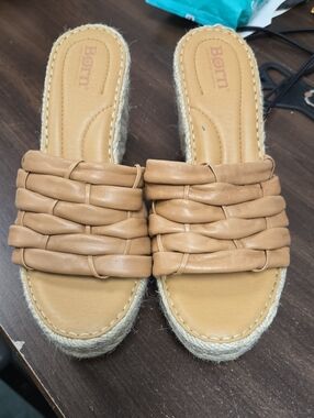 Born Size 8 Tan Faux Leather Slip On Wedge Heel Sandal